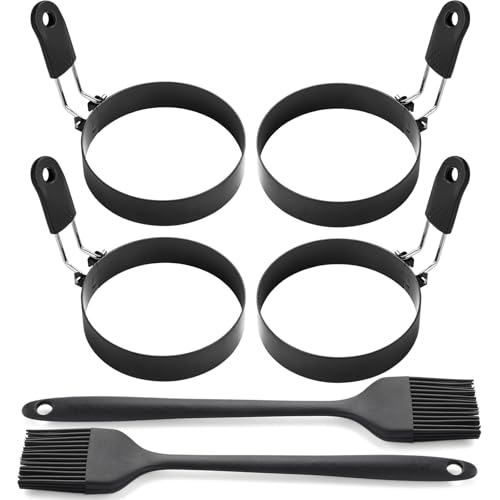 Eierring-Set aus Edelstahl, 8,9 cm, runde Eierform zum Braten und Grillen, mit Ölpinsel (4 Ringe, 2 Bürsten)