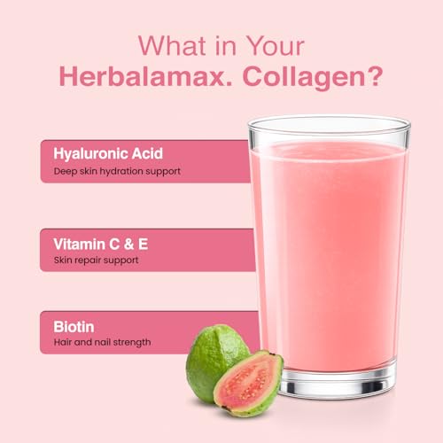 Image of Herbalmax Hydrolyzed Marine Collagen Supplements 120g With Hyaluronic Acid, Vitamin C & E, Biotin | Supports Healthy Skin, Hair, Nails, Bones & Joints | Type I & III Collagen Guava Flavour Pack of 2