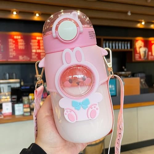 excvalues Kawaii Bear Water Bottle with Straw and Shoulder Strap, 25oz Cute Large Capacity Water Bottles with 3D Stickers for Girls, School(Pink)