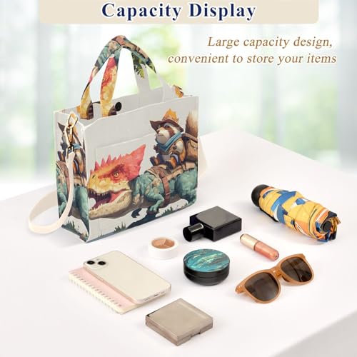 Women Tote Bag Raccoon and Dinosaur Print, Corduroy Fabric Shoulder Handbags with Detachable Strap S4