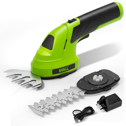 SHALL Cordless Grass Shears Hedge Trimmer 7.2V Electric Shrub Shears 2 in 1 Handheld Grass Cutter