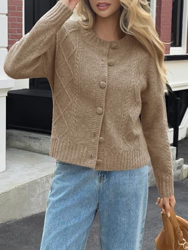 Saodimallsu Womens Cable Knit Cardigan Button Down Crew Neck Long Sleeve Loose Fall Trendy Sweater Coats