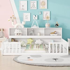 Kids Montessori Floor Bed,Full Size Floor Bed with Bookcase and Shelves,Full Bed Frame with Guardrails for Kids,Girls,Boys(Full,White) Kids Montessori Floor BedFull Size Floor Bed with Bookcase and ShelvesFull Bed Frame with Guardrails for KidsGirlsBoysFullWhite