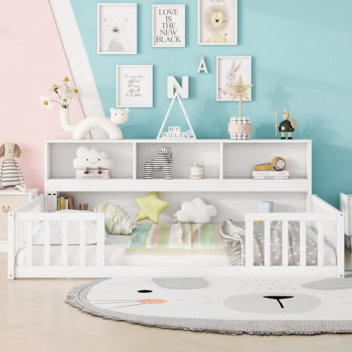 Kids-Montessori-Floor-BedFull-Size-Floor-Bed-with-Bookcase-and-ShelvesFull-Bed-Frame-with-Guardrails-for-KidsGirlsBoysFullWhite Kids Montessori Floor BedFull Size Floor Bed with Bookcase and ShelvesFull Bed Frame with Guardrails for KidsGirlsBoysFullWhite