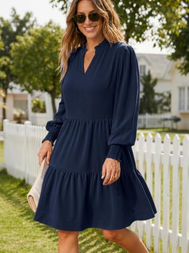 Image of Imily Bela Womens Fall Long Sleeve Tunic Dress Casual V Neck Tiered Dress | Loose,Swing,A-Line,Ruffled Collar,Puff Balloon Sleeve,Smocked Elastic Cuffs,Tiered Layered Ruffle Hem,Babydoll,Loose,Mini