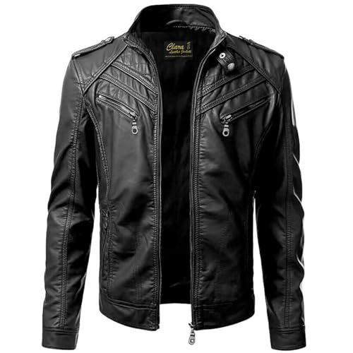 Image of Mens Genuine Black Leather Biker Jacket Cafe Racer Vintage Real Motorcycle Leather Jacket For Men