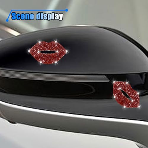 Image of 2PCS Bling Rhinestone Car Sticker Decal, Self Adhesive Crystal Red Lip Sticker for Women, Bumper Decoration Decal for Car, Window, Mirror, Laptop, Truck, Motorcycle, Helmet (Red Lip)
