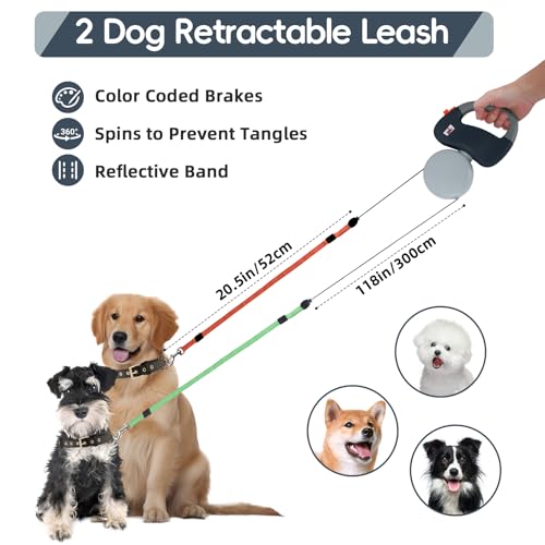 Doppelte Einziehbare Hundeleine Makife Dual Doggie Pet Leash Hundeleine Automatische Hund Versenkbar Leine Einziehbare 3m Geeignet für Kleine Mittelgroße Hunde Wandern Joggen 15pcs Hundekotbeutel Grau