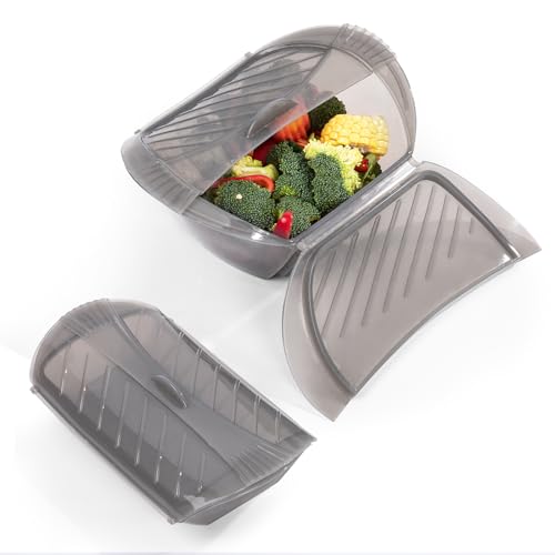 Microwave Cookware Steamer, Food Steamer for Cooking, 2Pcs Vegetable Steamer with Removable Rack for Vegetables Fish Prep Meal Food, 1.5QT & 0.75QT Steamer Cooker for Quick Dinner Meals, Grey