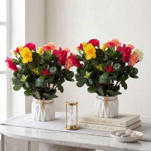 Image of Dekorly Artificial Lavender Plant in White Pot, 18cm - Realistic Faux Flower Arrangement for Home & Office Decor (Set of 1) (2, Camellia Flower Pot)
