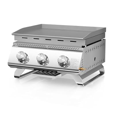 R.W.FLAME 3-Burner Tabletop Propane Gas Grill Stainless Steel Portable Outdoor Griddle,24,000 BTU Compact Flat Top Camping BBQ Grill,347 Sq. In. Cooking Area