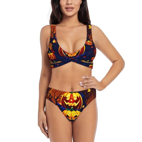 Maillot de bain 2 pièces imprimé citrouille d'Halloween pour femme gainant