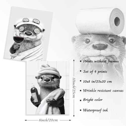 Dazzlewall 4er Set Komische Otter Badezimmer Wanddeko, Retro Schwarz-Weiß Süßer Otter Wandbilder für Toilette Badezimmer Ohne Rahmen 20x25 cm