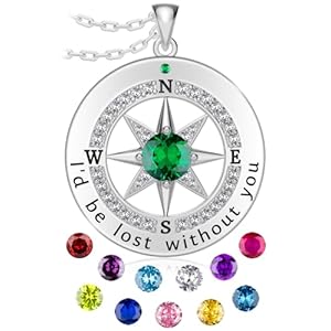 Unique S925 Sterling Silver Jewelry Birthstone Necklace Anniversary or Mothers Day Gift For Wife Girlfriend Her I’d Be Lost Without You Pendant Compass Necklace For Women