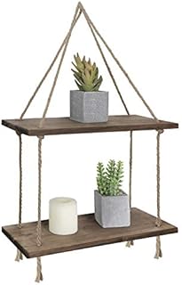 Flexzion Wall Hanging Shelf for Plants, 2 Tier Floating Rope Shelves with Hooks, Boho Wall Decorations for Bedroom Bathroom Living Room Farmhouse Rustic Decor Display Shelf for Plant