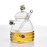 XIZHI Honey Jar with Dipper,Lid and Bee Decoration Beautiful Honey Shaped Glass Honey Pot for Home Kitchen and Decoration,10 Ounce Clear (3 Bees)