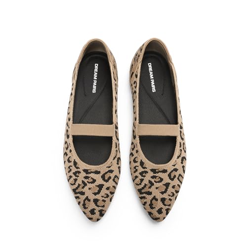 DREAM PAIRS Women's Knit Ballet Flats Pointed Toe Comfortable Dressy Flats for Work Office Shoes Mary Jane Flats 8 Leopard