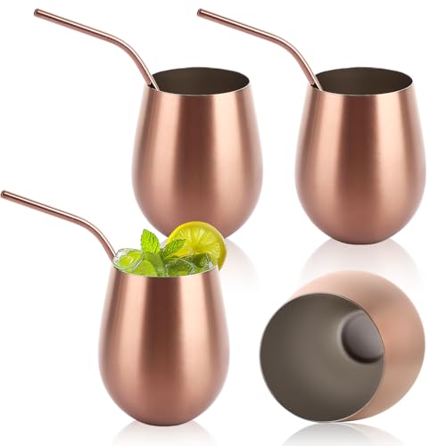 Oungy Set of 4 Stainless Steel Wine Glasses, 500ml/18oz Large Stemless Wine Glass with Straw, Unbreakable Shatterproof Wine Tumblers - Gold