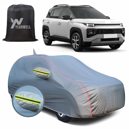 Image of Car Body Cover for Hyundai Exter, 100% Waterproof, Heat-Resistant with Mirror & Antenna Pockets, Soft Cotton Lining, Triple Stitched, Green Reflector (Metallic Grey)