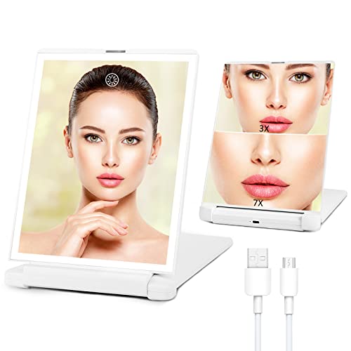 Fabuday Travel Lighted Magnifying Mirror With Lights - Rechargeable 1X/3X/7X Vanity Makeup Mirror With 3 Color Lighting, Light Up Led Compact Mirror, Desk Folding Cosmetic Mirror With Bag #TOP11