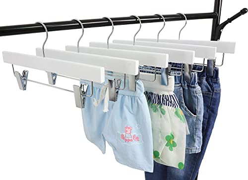 Image of TOPIA HANGER 11.8 Inch White Wooden Pants Skirt Hangers for Kids Baby Toddler Children, Extra Thick Chrome Hooks & Anti-Wrinkle Premium Flat Clips 10 Pack CT09PW