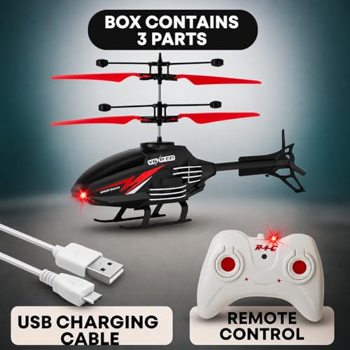 Image of KIDZYMON RC Helicopter with Hand Gravity Sensor, Flying Remote Control Helicopter Toy, Chargeble, 3D Light & Safety Sensor for Kids Age 4+ Years I Pack of 1 (Red and Black in Colour)