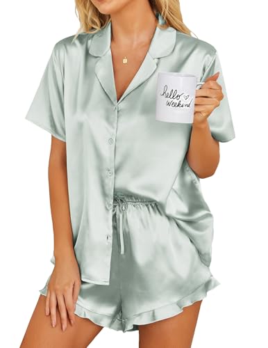 Image of Ekouaer Womens Satin Pajamas Set Button Down 2 Piece Silk Pjs Shorts Set Ruffle Lingerie Notch Collar Sleepwear