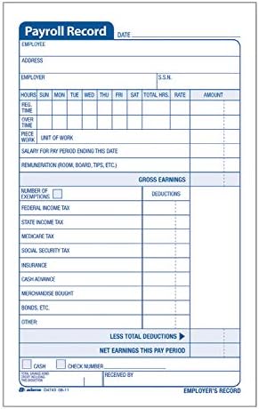 Adams Employee Payroll Record Book, 4.19 x 7.19 Inches, White and Canary, 2-Part, 55 Sets (D4743)