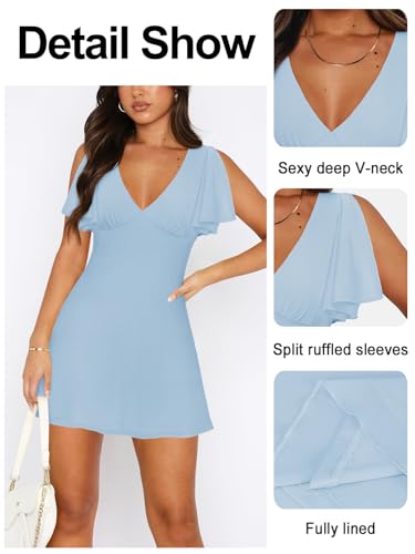 Image of MIYIEONZ Women's Sexy Deep V-Neck Ruffle Sleeve Mini Dresses Summer Casual Bodycon Beach Cocktail Party Club Short Dress