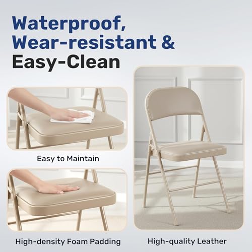 Image of Simple Deluxe Dining Chairs Set of 2, Leather Cushion Foldable Contemporary Kitchen Side Chair with Padded Back & Sturdy Metal Legs, Upholstered Seat for Home /Living Room /Bedroom /Cafe, Tan