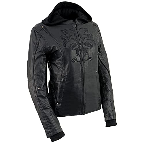 Milwaukee Leather ML2066 Women's 3/4 Black Leather Hoodie Jacket with Reflective Tribal Design - Medium by Milwaukee Leather - Used condition - US$179.97