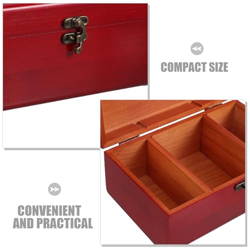 Boîte à couture en bois massif rouge à 3 compartiments rétro - 4