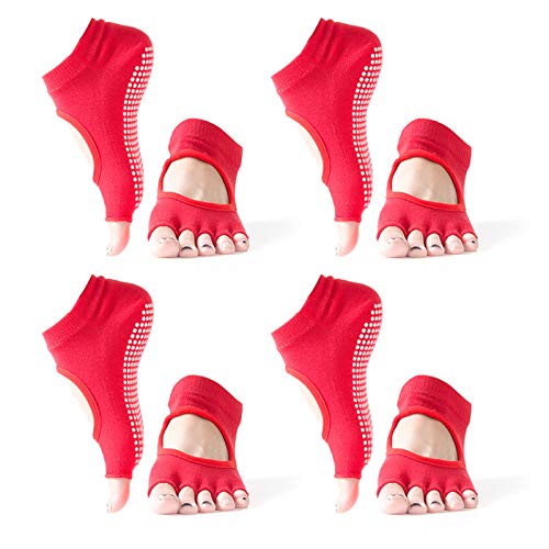 LXZH Yoga Socks for Women And Men, Non Slip Toeless Anti-Skid Half Toe Socks, Ballet, Pilates, Barre, Combed Cotton, Pack of 4,Red