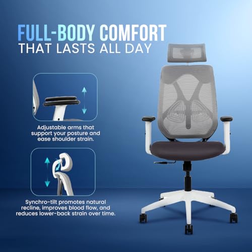 Image of IAFA FURNITURE Ergolux High Back Ergonomic Office & Study Chair | 3 Year Warranty | Adjustable Height, Tilt Lock, 2D Headrest, Adjustable Arms & Lumbar Support | Heavy Duty Nylon Base | DIY | Grey