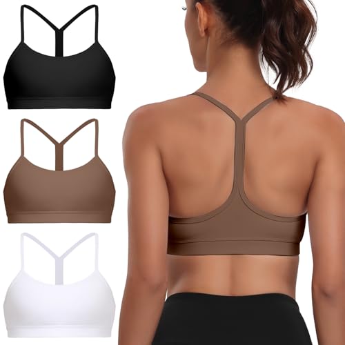 Image of Raxnode Women's 3-Pack Y-Back Sports Bra, Thin Spaghetti Strap Nylon Yoga Bra with Removable Cups, Light Support Bralettes