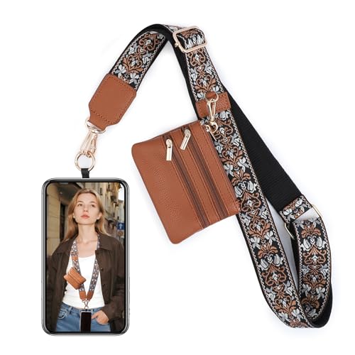 BARGIFTS Clip and Go Strap for Phone with Wallet Crossbody, Cell Phone Lanyard with Zippered Pouch, Adjustable Phone Strap Crossbody with Wallet- Brown