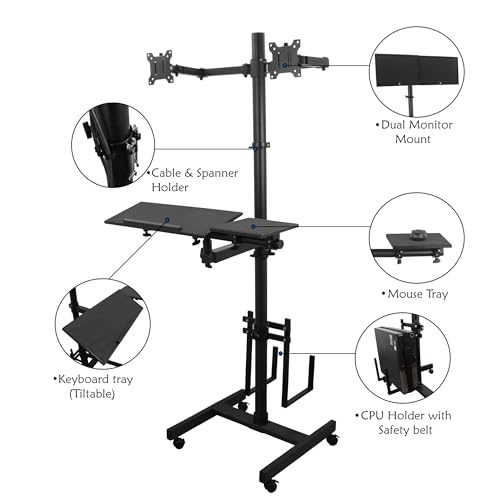Image of Isomars Computer Standing Desktop Workstation with Dual Monitor Mount Adjustable Height with Keyboard & Mouse Tray Space for CPU Holder, Sit Stand Table Comes with Wheel for Easy to Move