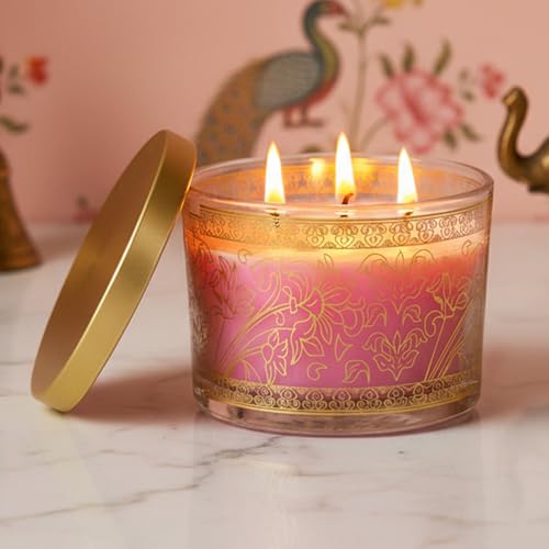 Image of EKAM 2025-26 Festive Fragrance Gift| Scented 3 Wick Candle| Rose | Inspired by Pink Haveli | 28-Hour Burn | Essential Oil Infused | Gift Box for Diwali & Celebrations