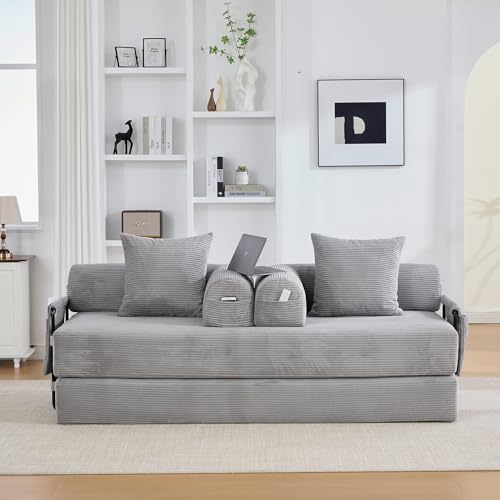 Miniatura 3 de Nadeusak Sofá De Compresión Plegable, Gris Claro, 90 X 200 Cm, Con Marco De Metal, Bolsillos Laterales Y 3 Almohadas, Diseño Libre, Moderno Sofá De Metal, Ideal Para El Salón