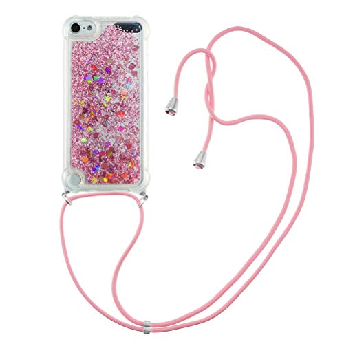 COTDINFORCA Compatible with iPod Touch 7 Custodia Bling Liquid Cases Glitter Sparkle Floating Silicone Shockproof Phone Cover per iPod Touch 5/6 / 7 Case Lanyard TPU Rose Love YB.
