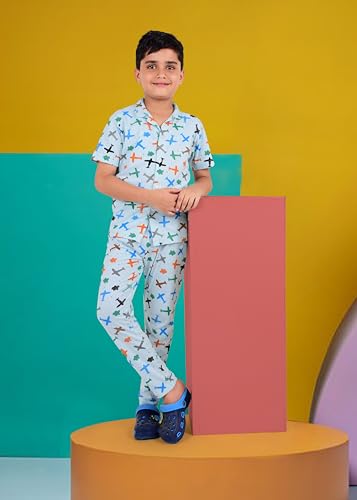 Image of 3BROS Unisex Pure Cotton Short Sleeve Kids Night Dress for Boys & Girls Nightwear /Sleepsuit /Sleepwear /Loungewear Night Suit for Boys and Girls Top and Pyjama Combo Set | JB20HS6031-Parent