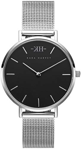 Damen-Armbanduhr Silber Mesh in 36mm und 32mm Diverse Zifferblätter Analog Quarz (36 Millimeter, Silber Schwarz)