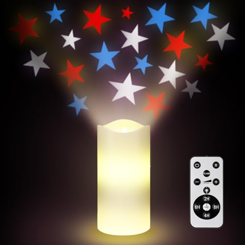 Image of 4th of July Flameless Candles Patriotic Projector Lights Red White Blue LED Candle Star Battery Operated Night Light with Remote Timer 250th Anniversary Independence Day Party Indoor Bedroom Decor