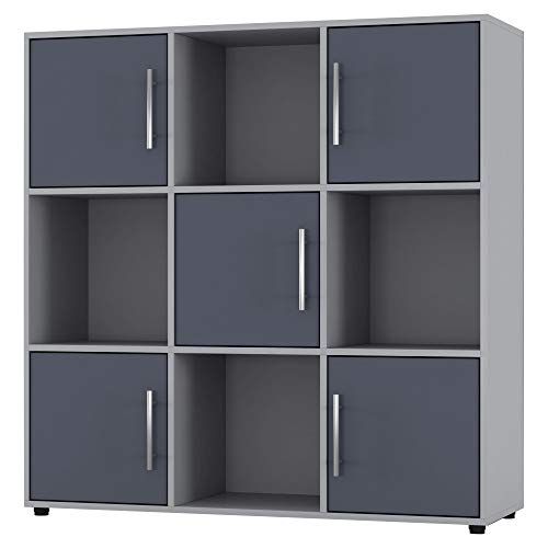 URBNLIVING Grey Cube Bookcase With Wooden Door Metal Handle Display Shelf Storage Shelving Cupboard (Grey Door, 3x3 Cube (9 Cube))