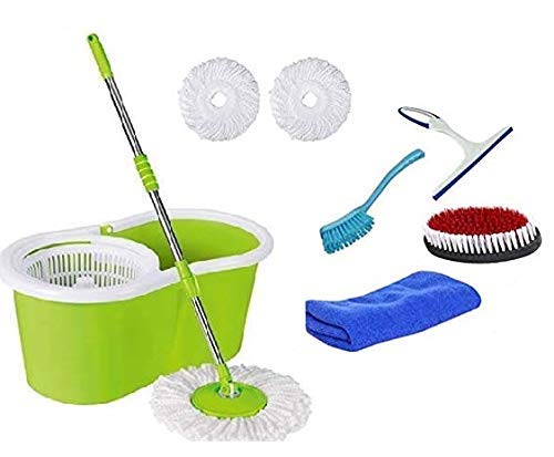 Khushi 360° Spin Floor Cleaning Bucket Mop Blue with Free 2 Microfiber Refill Cleaning Wipe Combo Set Glass Wiper, Microfiber Cloth, Sink Brush, Cloth Brush Khushi 360° Spin Floor Cleaning Bucket Mop Blue with Free 2 Microfiber Refill Cleaning Wipe Combo Set Glass Wiper, Microfiber Cloth, Sink Brush, Cloth Brush