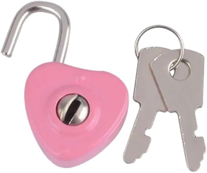 1Set Portable Old Antique Vintage Style with Key Heart Shaped Luggage Lock Journal Book Lock Archaize Padlocks Security Key Lock(Pink)