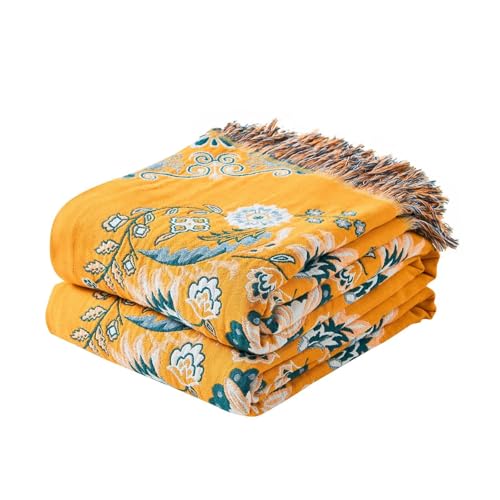 Image of XIBLC Boho Throw Blanket, 100% Cotton Ultra Soft Luxury Throw Rustic Quilt, Floral Printed Farmhouse Decor Bed Summer Blankets, All Season Rustic Reversible Bohemian Throw for Bed (90 inchx98 inch Yellow