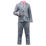  SXSHUN Enfant Garçon 5 Pièces Costume de Mariage Page Manches Longues Veston de Cérémonie Gilet+Chemise+Pantalon+Nœud Papillon Veste à Carreaux, Bleu 01,(Taille l\'étiquette:310CM)