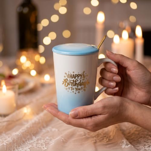Image of ZAICUS Happy Birthday Coffee Mug with Lid, Ceramic Gift Cup for Men & Women | Suitable for Hot & Cold Beverages | Ideal Birthday Gift | Elegant White & Blue Gradient Finish