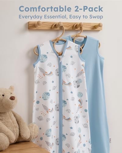 Nyessmee Baby Sleep Sack 6-12 Months 0.5 TOG, 100% Cotton Baby Wearable Blanket 2 Pack with 2-Way Zipper, Lightweight Sleep Bag for Boys ＆ Girls Newborn Infant Breathable Sleeing Sack Blue Rokets — view 5